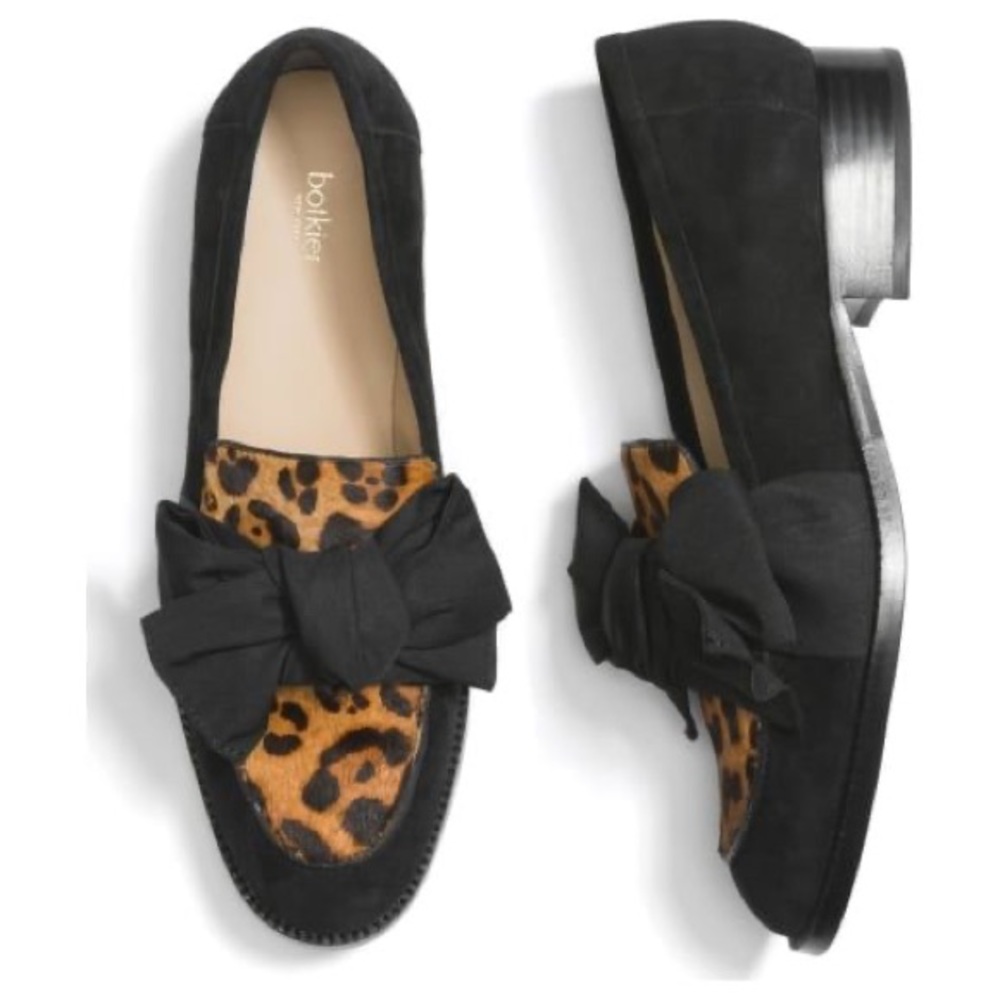NWOT Botkier Bow-Tie Leopard-Accent Black Suede Loafers